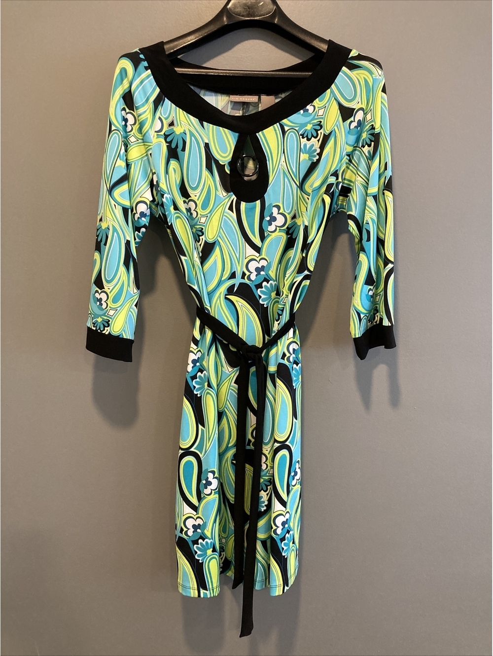 Kim Rogers Womens Size XL Scoop Neck Black & Lagoon Patterned Dress NWT